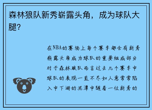 森林狼队新秀崭露头角，成为球队大腿？
